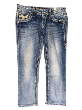 Rock Revival Ella Capri Distressed Blue Denim Jeans Embroidered Pockets Size 27